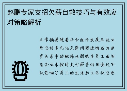 赵鹏专家支招欠薪自救技巧与有效应对策略解析
